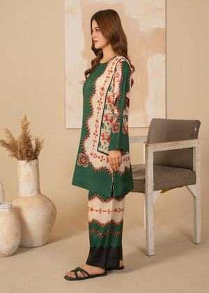 Model wearing dark green dress pakistani as a casual outfit, shop printed poly lawn 2PC at Buraqstore