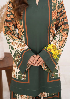 Women wearing dark green co ord sets Pakistan, side view showing the fit of the printed poly lawn set, Buraqstore