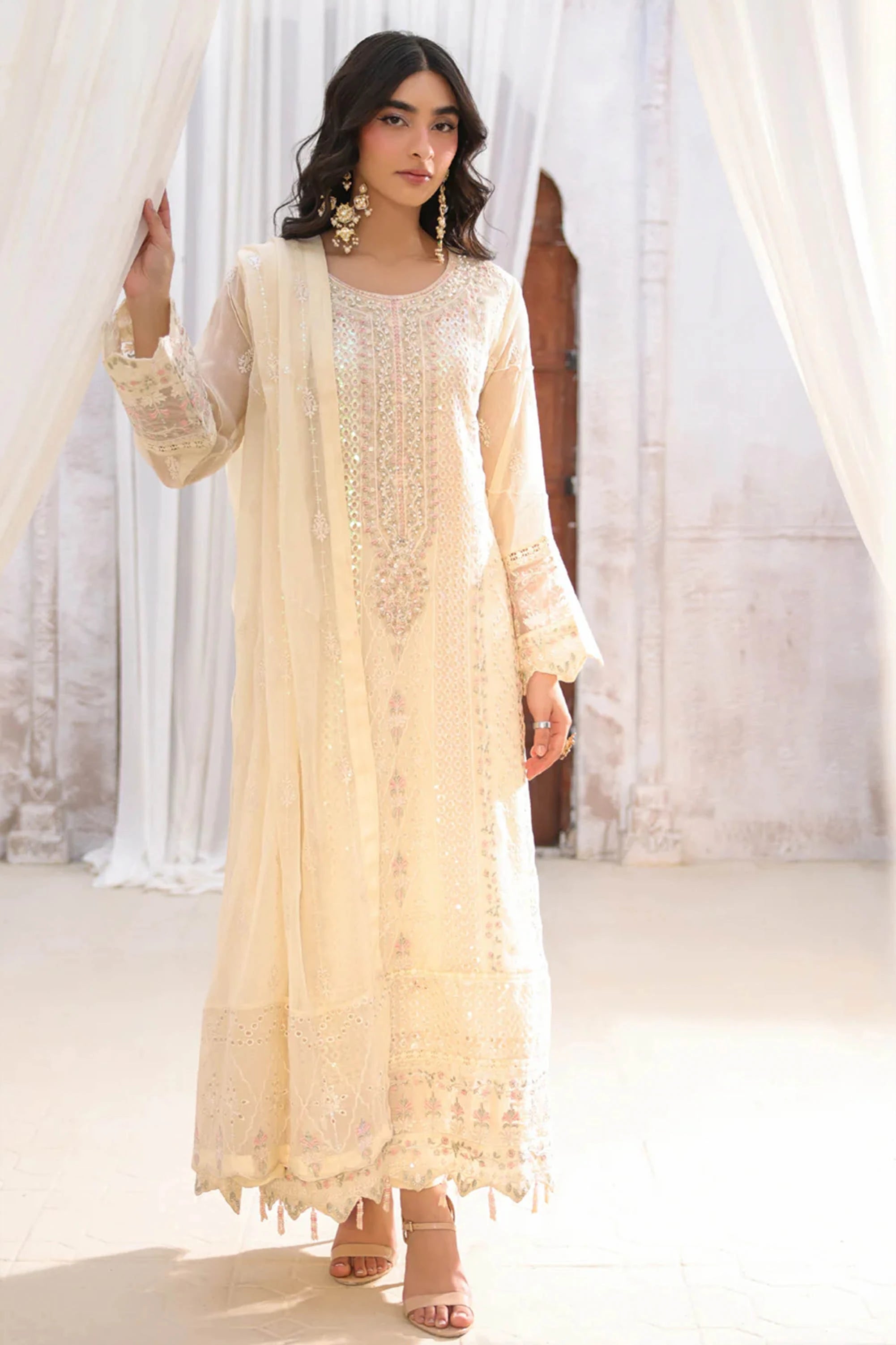 Soft Ivory Embroidered Chiffon 3PCs
