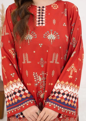 Model wearing orange colour dress, side view showing the fit of the printed poly lawn 2PC, Buraqstore