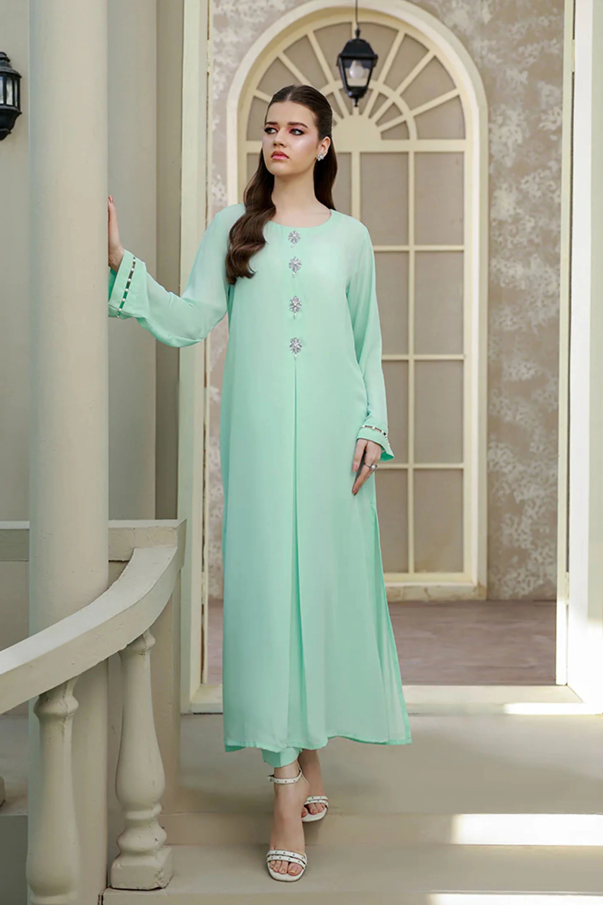 Girl dressed in frosted ebony co ord set Buraqstore georgette 2pc fashion