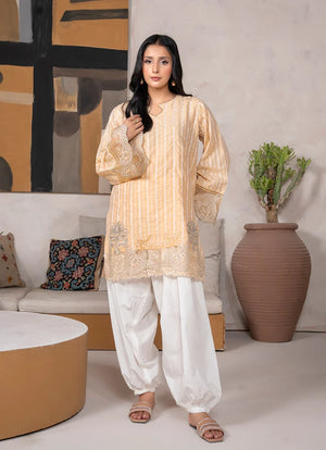 Model wearing golden color dress in golden and yellow tones, embroidered jacquard shirt and bottom, front view from Buraqstore