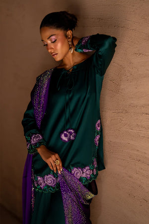 Women wearing green rayon silk suit with a matching medium silk dupatta, Buraqstore