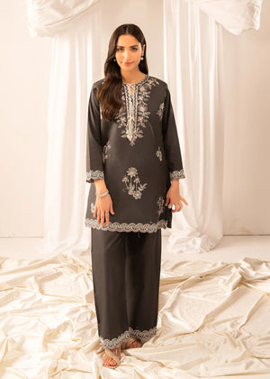 Model wearing grey colour dress, embroidered lawn 2PC set, front view from Buraqstore
