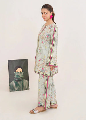 Model wearing grey silk co ord set as an elegant outfit, shop printed silk 2-piece online at Buraqstore