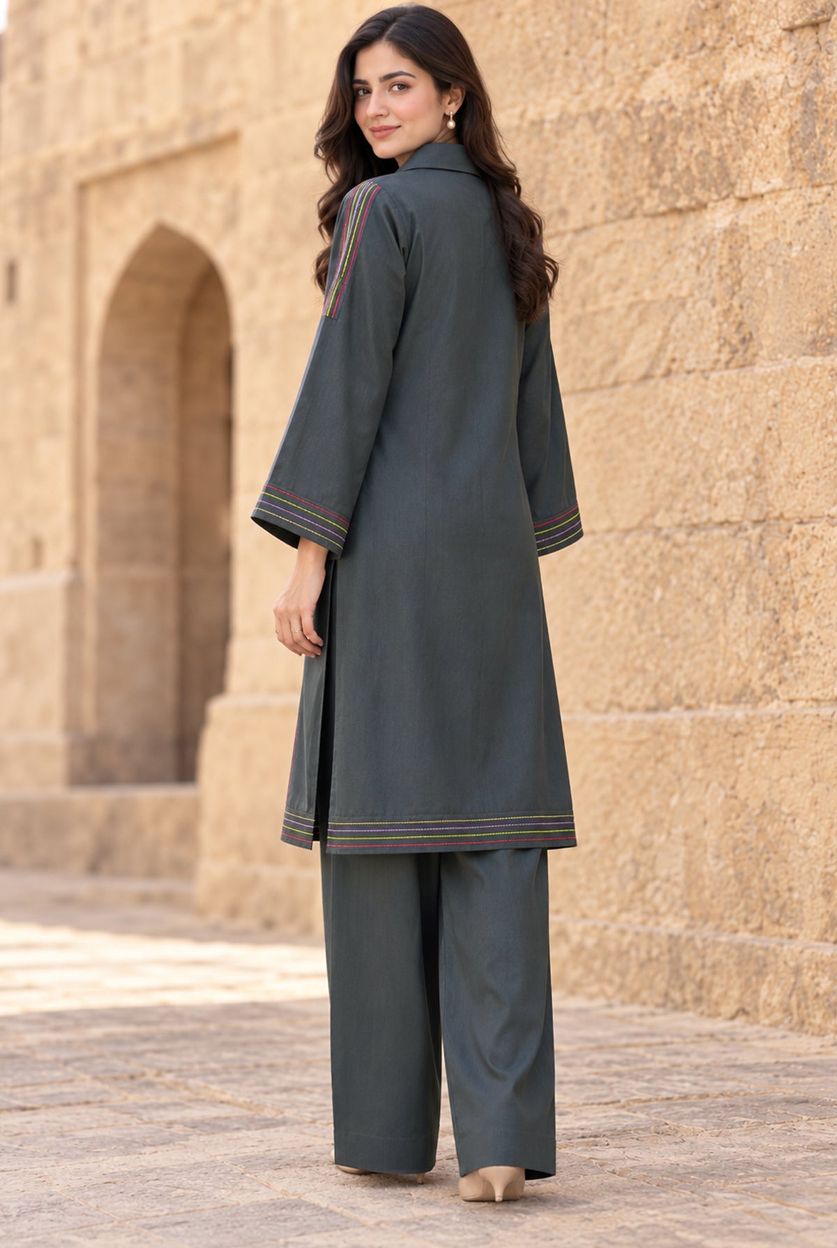 Model wearing grey linen shirts Pakistan 2PC in a relaxed standing pose, breathable stitched dyed linen by Buraqstore