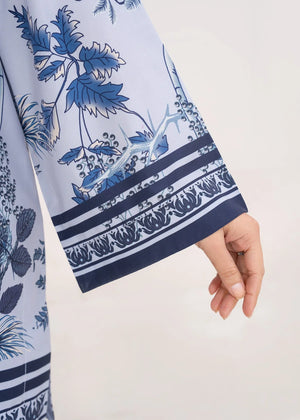 Women wearing ice blue color dress, back view of the printed poly lawn shirt and trouser, Buraqstore