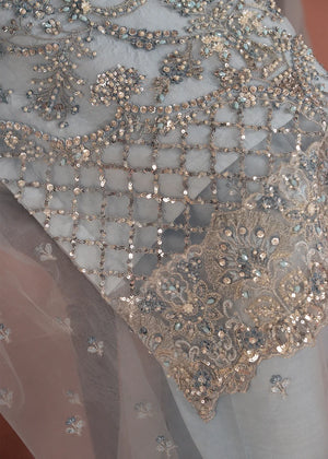 Women wearing ice blue color dress, net dupatta draped over the shoulder, Buraqstore