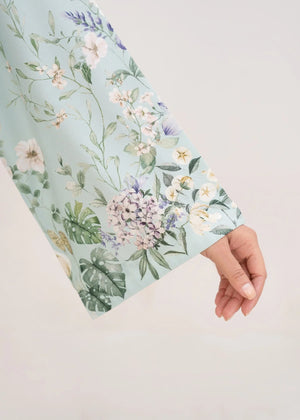 Women wearing ice blue summer co ord sets Pakistan, close-up of the print on the poly lawn top and bottom, Buraqstore