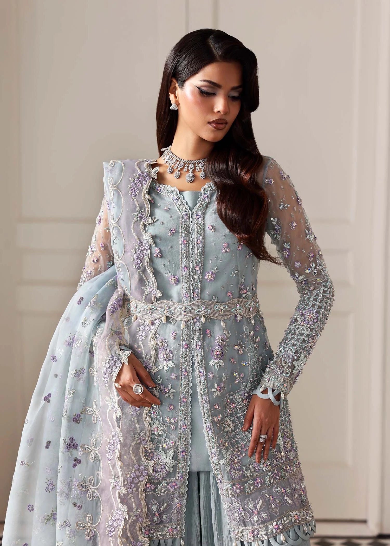 woman wearing ice blue color dress by Buraqstore luxury formal wear