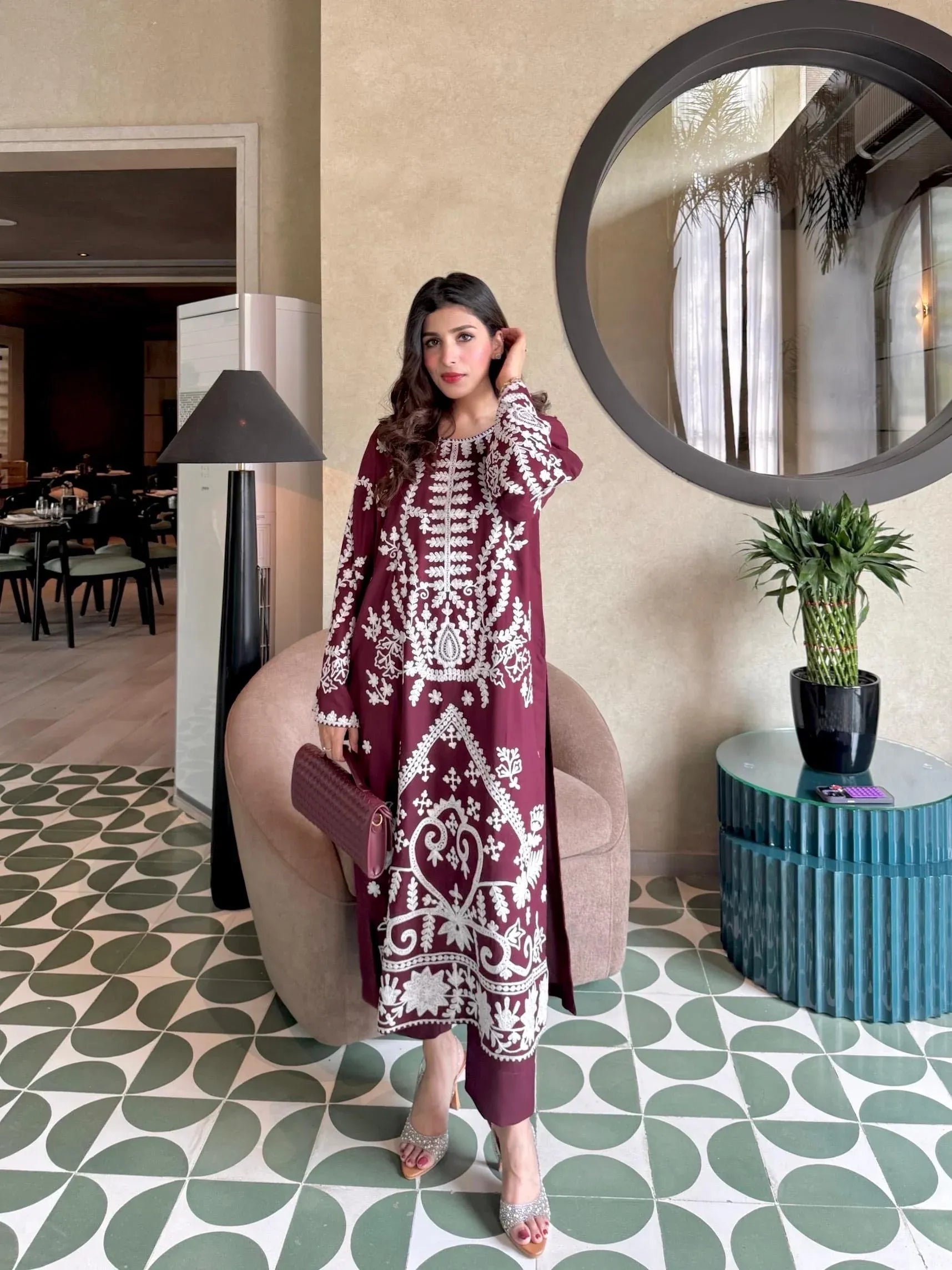 Burgundy Ari Embroidered Georgette Pret 2Pcs