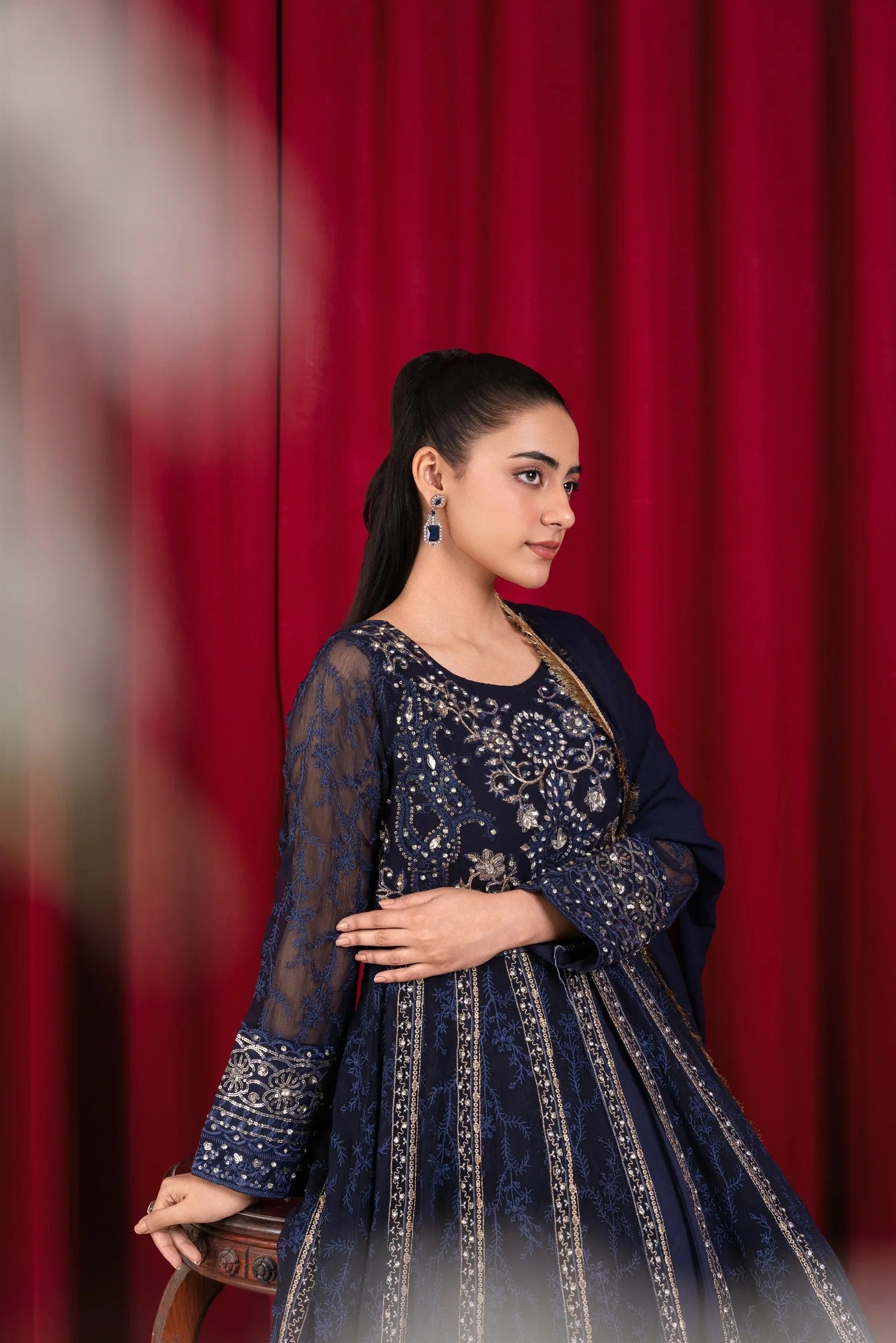 B 007-NAVY BLUE CHIFFON MAXI PRET 3PCS
