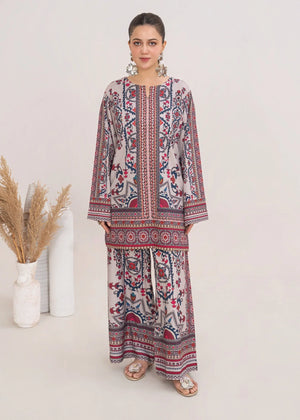 Women wearing ivory lawn co ord sets Pakistan, printed 2-piece poly lawn set, front view from Buraqstore