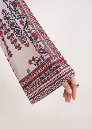 Women wearing ivory lawn co ord sets Pakistan, side view showing the fit of the printed poly lawn set, Buraqstore