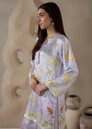 Model wearing co ord set for women, side view showing the fall of the charmeuse silk top and bottom, Buraqstore