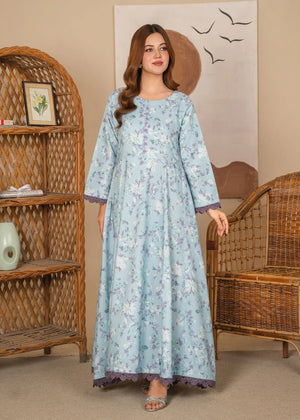 Model wearing light blue color dress, printed poly lawn 1PC, front view from Buraqstore