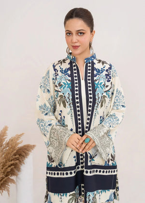 Model wearing light blue dress, side view showing the fit of the printed grip 2PC, Buraqstore