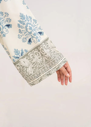 Model wearing light blue dress as a casual outfit, shop printed grip 2PC set at Buraqstore