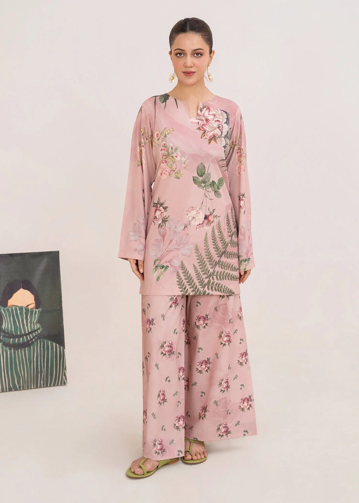 Model wearing pink color dress, printed poly lawn 2PC set, front view from Buraqstore