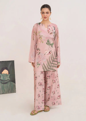 Model wearing pink color dress, printed poly lawn 2PC set, front view from Buraqstore