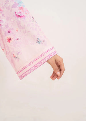 Model wearing pink color dress pakistani set as a casual outfit, shop printed poly lawn 2PC set at Buraqstore