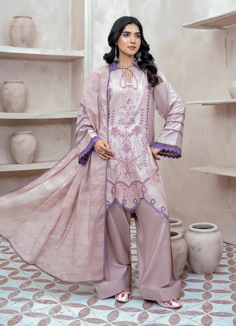 Model wearing lilac color dress, embroidered raw silk shirt, trouser and dupatta, front view from Buraqstore