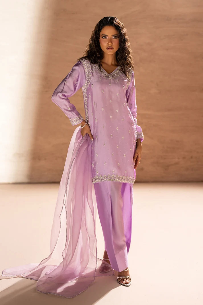 Model wearing lilac sheesha silk 3PC set with handcrafted silver embroidery, front view from Buraqstore