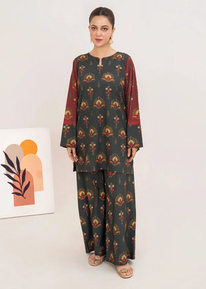 Model wearing maroon dress in maroon and black, printed grip 2PC set, front view from Buraqstore
