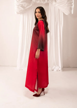 Women wearing maroon color dress, close-up of the hand embellishment on the silk fabric, Buraqstore