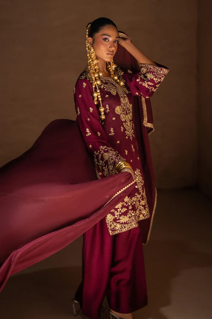 Women wearing maroon sheesha silk suit, close-up of antique gold embroidery and floral border detailing, Buraqstore