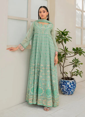 Model wearing light green color dress in mint green, embroidered chiffon shirt, trouser and dupatta, front view from Buraqstore