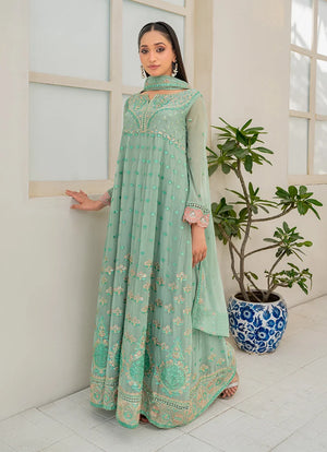 Model wearing light green color dress, side view showing the flow of the chiffon 3-piece set, Buraqstore