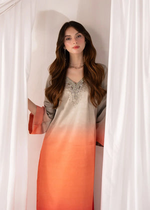 Women wearing multi color dress, back view of the embellished silk piece, Buraqstore