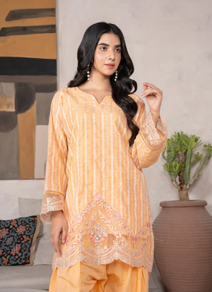 Women wearing yellow dress for women, back view of the embroidered jacquard shirt and bottom, Buraqstore
