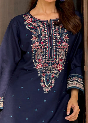 Model wearing navy blue dress pakistani, side view showing the soft drape of the embroidered viscose 2PC, Buraqstore