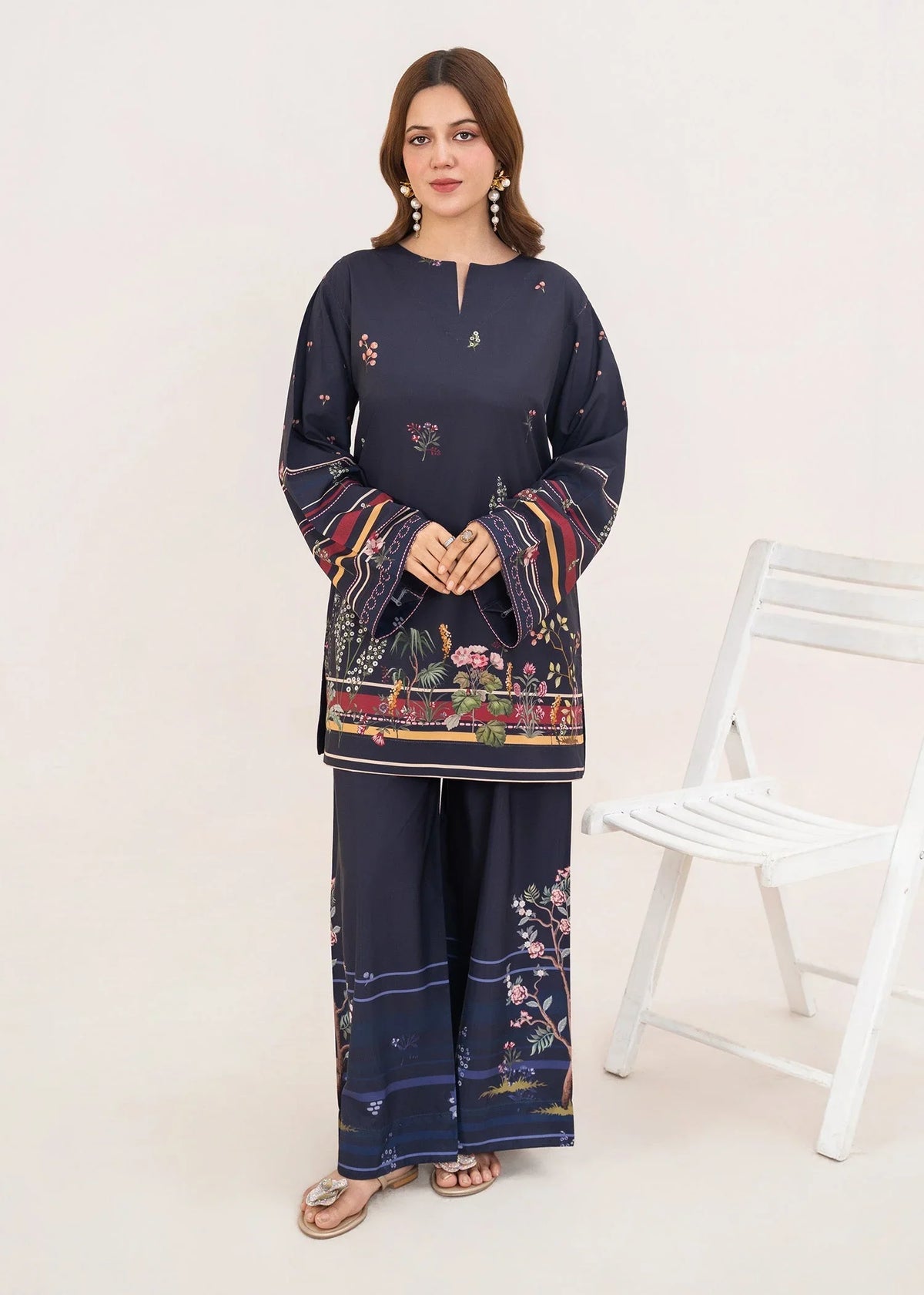 Women wearing navy blue lawn co ord set for women, printed 2-piece poly lawn set, front view from Buraqstore