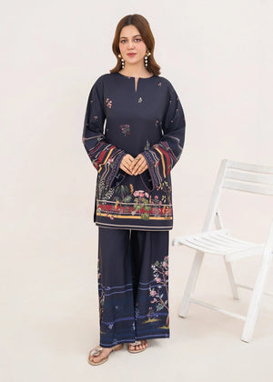 Women wearing navy blue lawn co ord set for women, printed 2-piece poly lawn set, front view from Buraqstore