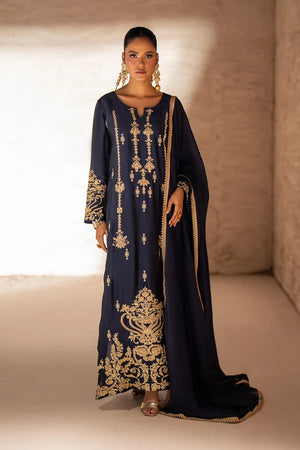 Model wearing navy blue sheesha silk dress price in pakistan set, 3PC with antique gold embroidery, front view from Buraqstore