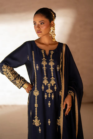Women wearing navy blue sheesha silk dress price in pakistan set with a matching medium silk dupatta, Buraqstore