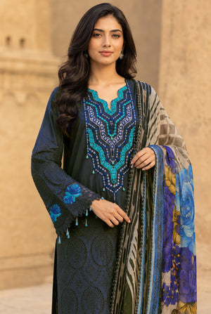 Women wearing navy blue chikankari shirt with digital printed chiffon dupatta draped on the shoulder, Buraqstore