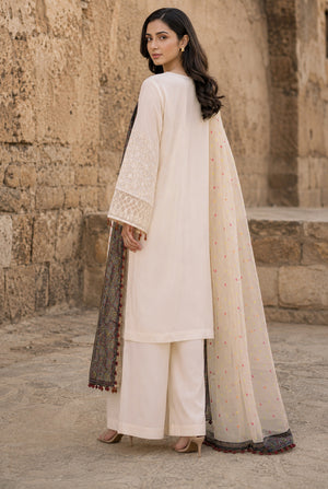 Women wearing off-white chikankari suit sale with price set, close-up of the chikankari embroidery on the viscose shirt, Buraqstore