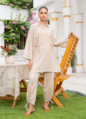 Model wearing co ord set pakistan, side view showing the fit of the cotton 2-piece set, Buraqstore
