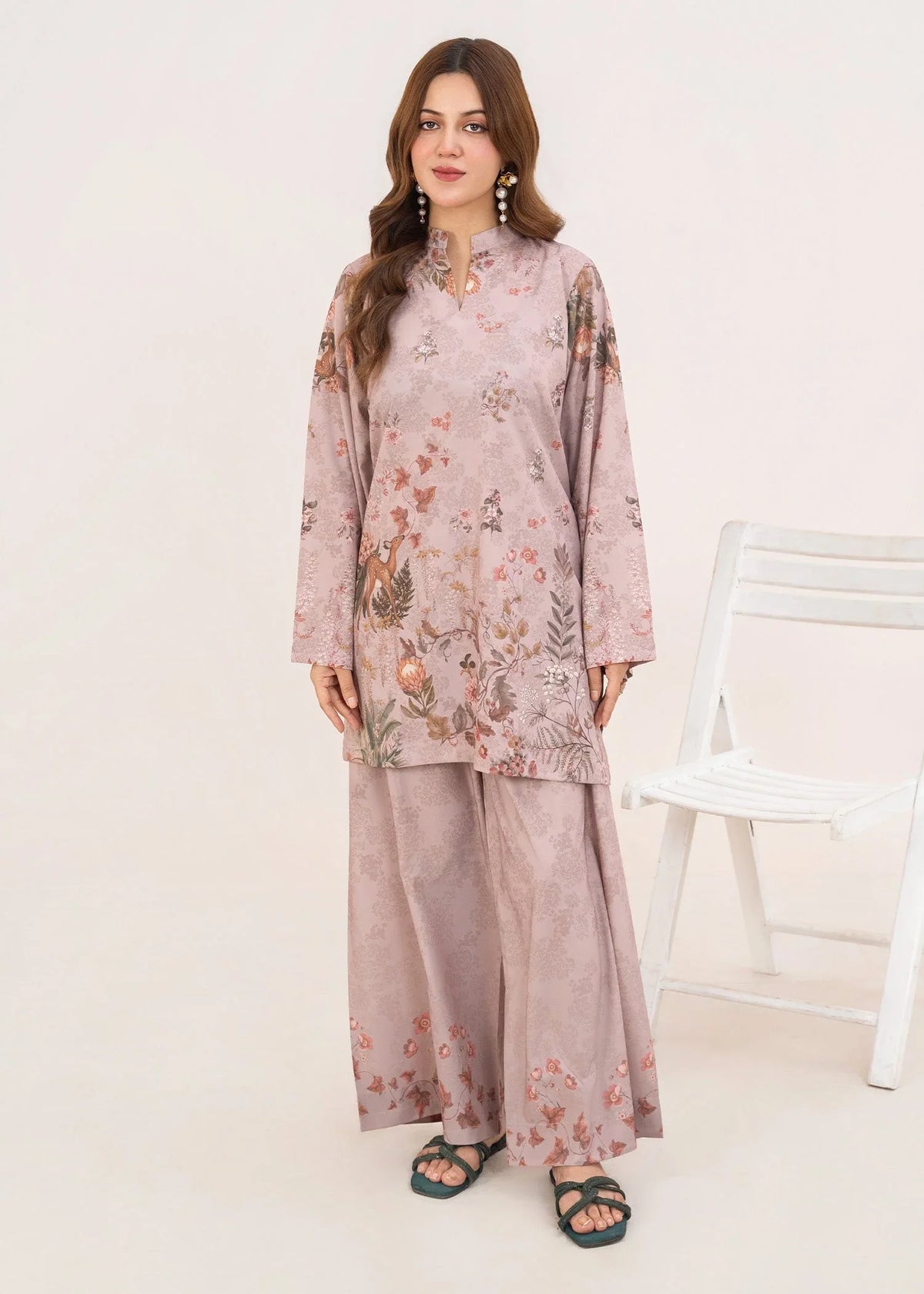 Model wearing orchid pink lawn co ord set, printed 2-piece poly lawn set, front view from Buraqstore