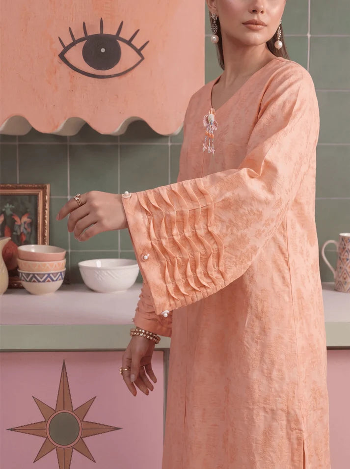 Women wearing peach color dress, close-up of the solid dyed cambric fabric texture, Buraqstore