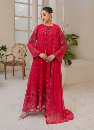 Model wearing pink colour dress, embroidered chiffon shirt, trouser and dupatta, front view from Buraqstore