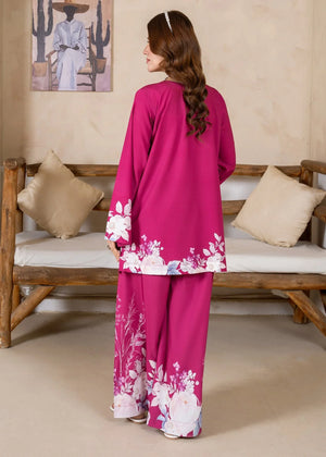 Model wearing pink co ord set for girls in a relaxed standing pose, printed poly lawn 2-piece at Buraqstore