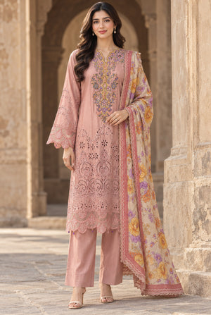 Model wearing pink pakistani chikankari suits online, stitched 3PC set with embroidered viscose chikankari shirt, front view from Buraqstore