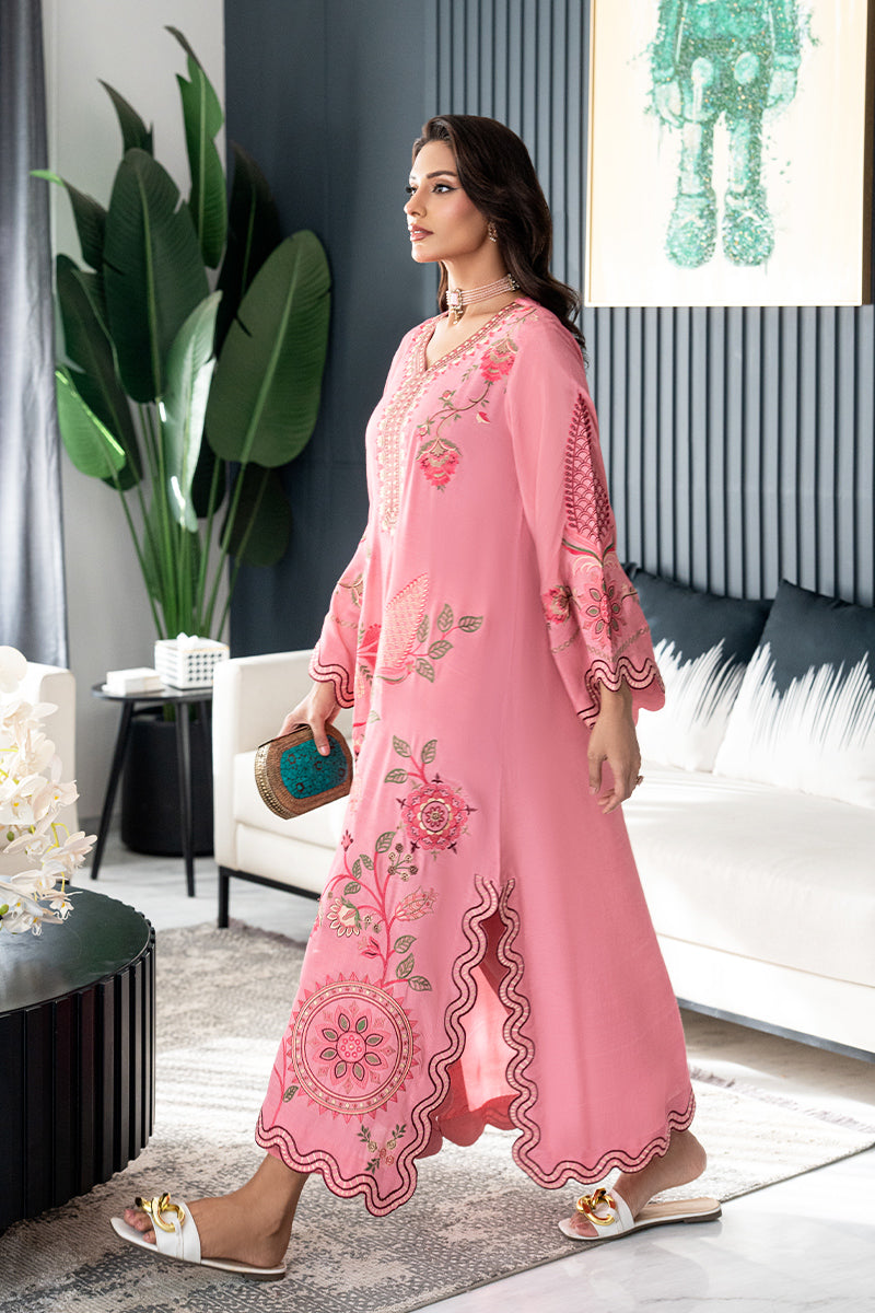 Girl wearing elegant pink kaftan dress for girls Pakistan by buraqstore