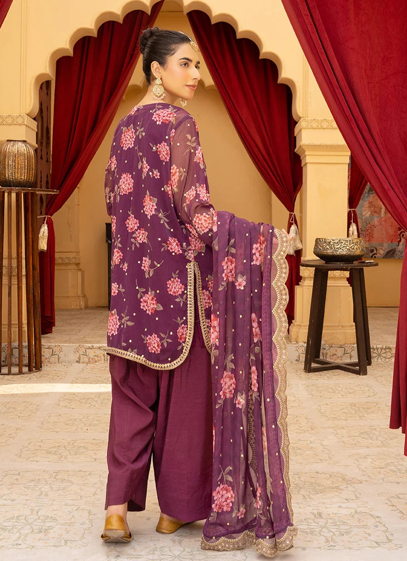 Women wearing purple dress design, close-up of the gotta patti and tassel accents on the silk shirt, Buraqstore
