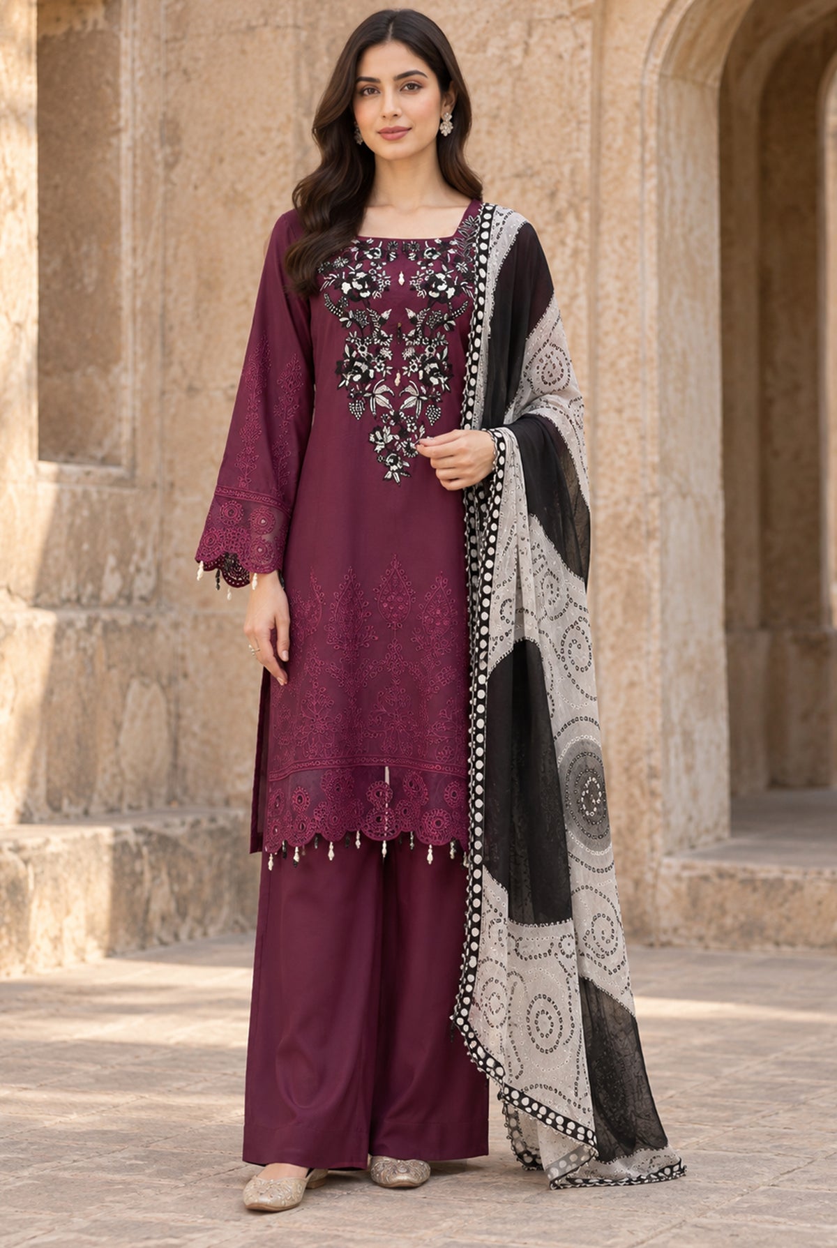 Model wearing plum chicken kari dress price in pakistan set, stitched 3PC with embroidered viscose chikankari shirt, front view from Buraqstore
